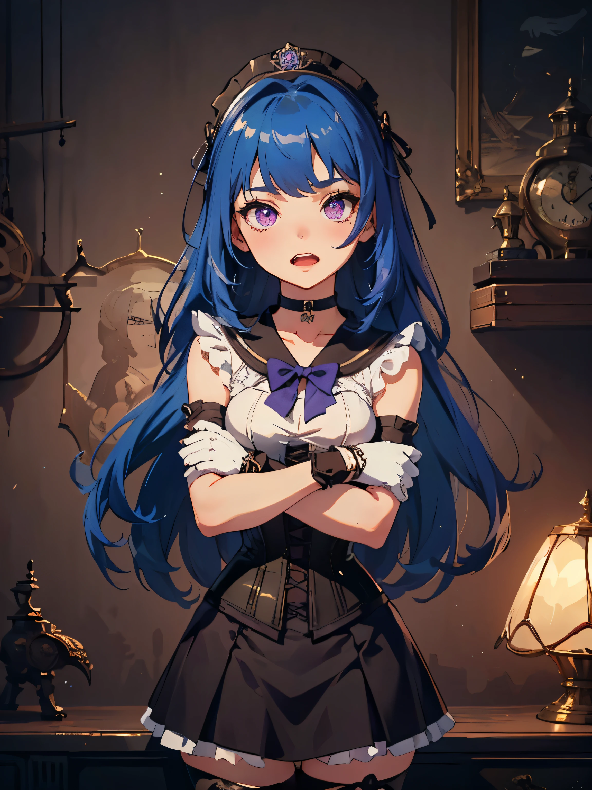 masterpiece, high quality, standing, 1_women, (upper body), (((looking_away_from_viewer))), (looking away), (bright blue hair), medium length hair, cute bangs, flowing hair, (exotic skin_complexion:1.4),mature, tall, diamond shaped eyes, (((purple eyes))), dark_eyeliner, long_eyelashes), (hands on hip), (purple fingerless_gloves), beautiful, exotic, elegant, slim, (((sailor collar))), black thigh highs, choker, medium bust, (brown steampunk corset), black Lolita style skirt, knee high heel with laces, (sleeveless), (((arms crossed))), (((opened mouth))), natural dynamic lighting,