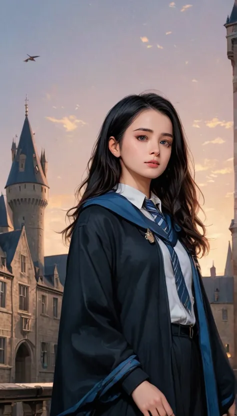 anime art, black hair、long hair, a girl in a ravenclaw uniform wearing a black robe, hogwarts, ravenclaw crest, low - angle, cal...