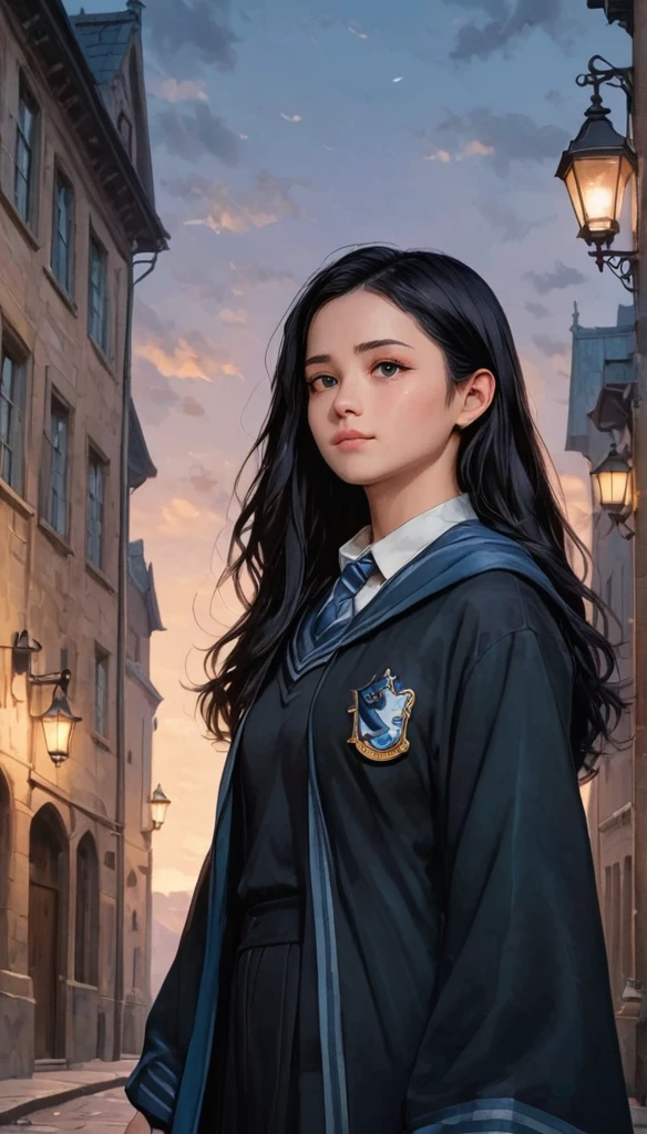 Anime Art, Black Hair、Long Hair, A girl in a Ravenclaw uniform wearing a black robe, Hogwarts, Ravenclaw Crest, Low - Angle, Calm colors, dark palette, Hazy dusk, (Looking away, Looking into the distance:1.3)  High resolution, masterpiece, 最high quality, high quality, 4K,8k,Attention to detail、Golden Eyes、happiness、shine、hope、