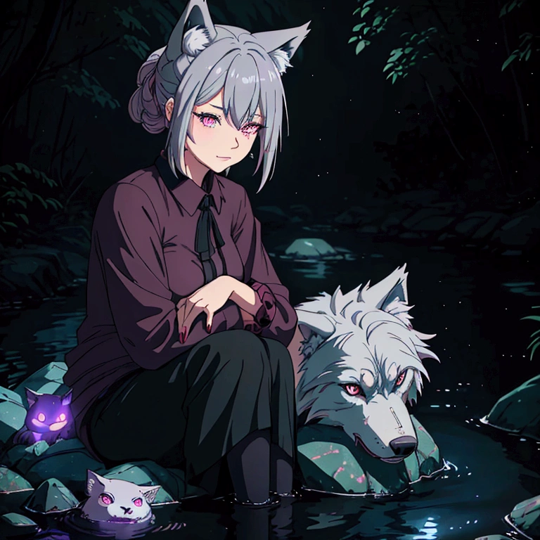 -High quality- -masterpiece- -animated- A woman with gray hair, dark clothes, bright pink eyes, serious expression. an anthropomorphic wolf near her, sitting curled up on a rock in a stream in the middle of the night with fireflies around him at night.
