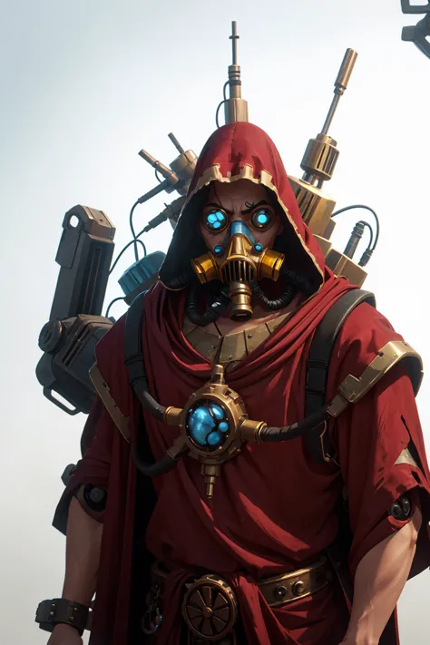 robotic male techpriest in long red robe, gas mask, hunched, ugly, metal arms, robot eye, hood, backpack, mechanical arms, steam...