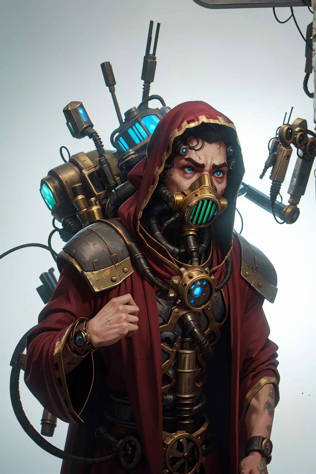 robotic male techpriest in long red robe, gas mask, mutated, scared, hunchback, artificial body, hunched, ugly, metal arms, robot eye, hood, backpack, mechanical arms, steampunk, hood, robe, techpriest, (upper body portrait), plain white background