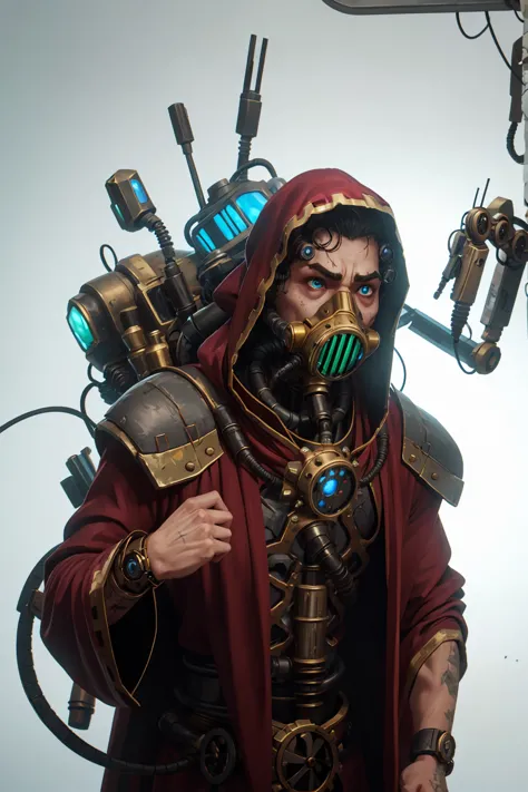 robotic male techpriest in long red robe, gas mask, mutated, scared, hunchback, artificial body, hunched, ugly, metal arms, robo...