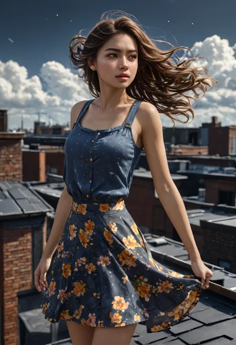 8k cg unity, 1girl, rooftop, cloudy sky, dark sky, wind, floating hair, mini sundress, (floral print), floating skirt, skirt lif...