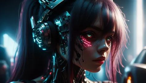 close up of a skull girl with headphones, cyberpunk, portrait of cyber, cyber, estilo de terror cyberpunk, cyberpunk dark fantas...