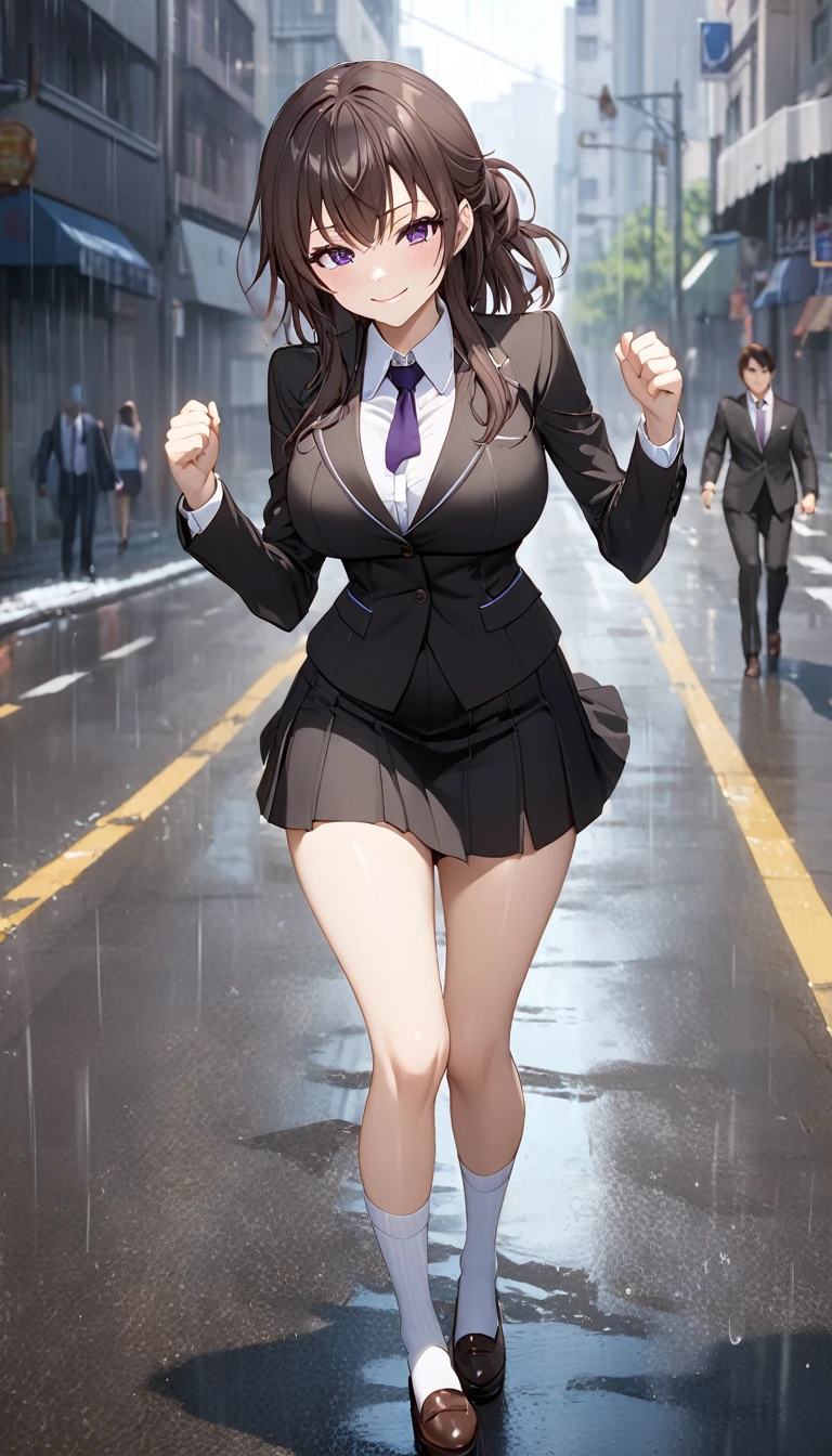 Detailed work, Best Quality, Clarity 2080p, Realistic lighting and shadows., cheered up, bottom, in the middle of the road, From the series Alya Sometimes Hides Her Feelings in Russian, Suou Yuki, long brown hair, purple eyes, ตาแบบcheered up, very large breasts, He wears a black suit, tight short skirt, WHITE SOCKS, smiling, Heavy Rain