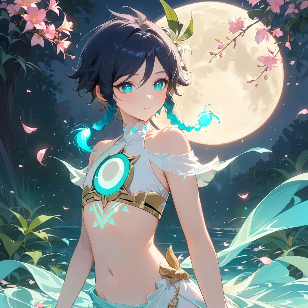 (best quality,4k,8k,highres,masterpiece:1.2),1boy,venti,genshin impact,black hair,ultra-detailed,(realistic:0.25),wearing simple white twist greek gown,bare shoulders,bare stomach,night spring,moon reflection,intricate details,delicate,pastel color palette,elegant curves,effects of light and shadow,subtle reflections,face focus,sharp focus,flower petals falling,ethereal atmosphere,elysium,morning dew,soft starlight filtering through trees,lush plant life,vividly colored blossoms,harmonious blend of nature and art,transcendent beauty,awe-inspiring artwork,flat chest,navy gradient hair in twin braids,dynamic pose,glowing hair, glowing eyes,glowing chest tattoo