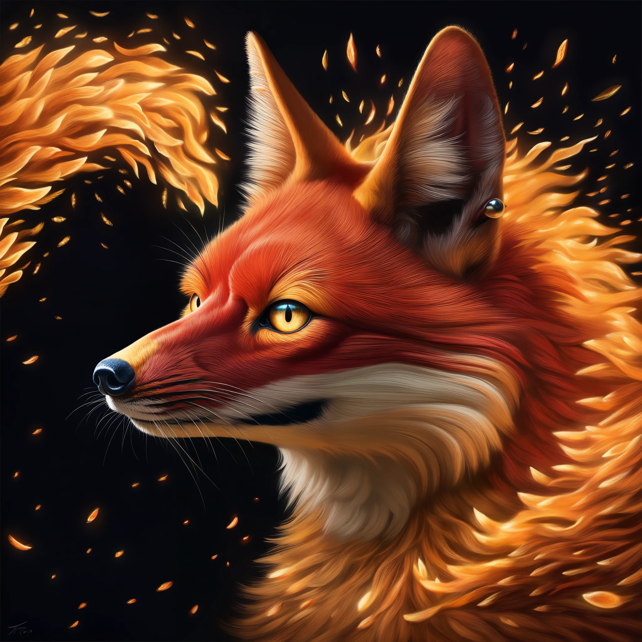 black backdrop, A mesmerizingly detailed kitsune, his fiery fur seems to flicker and dance with the light within. This hyper-realistic portrait captures every intricate detail: from the golden glow and crimson fur to the piercing emerald eyes that shine with intelligence. The image is a digital painting, Expertly rendered with depth and texture that make the kitsune almost feel tangible. Every mustache and tuft of fur is meticulously rendered, giving the viewer a sense of the creature&#39;s otherworldly aura. This image is a testament to the artist&#39;s skill and dedication in bringing mythical creatures to life