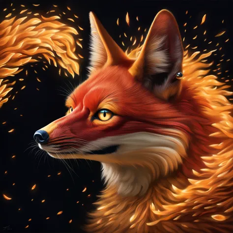 black backdrop, a mesmerizingly detailed kitsune, his fiery fur seems to flicker and dance with the light within. this hyper-rea...