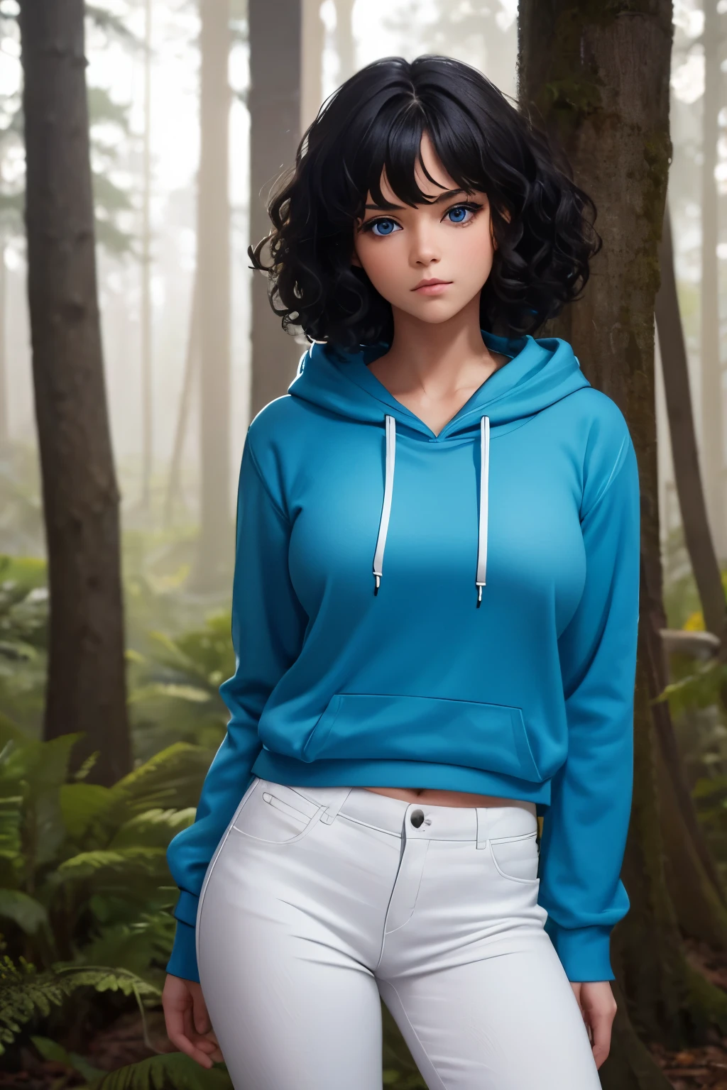 1 girl,teen, Standing on the forest,Blue hoodie, long white pants,,big breast,black hair,blue eyes,short hair, curly hair, messy hair,half body photo