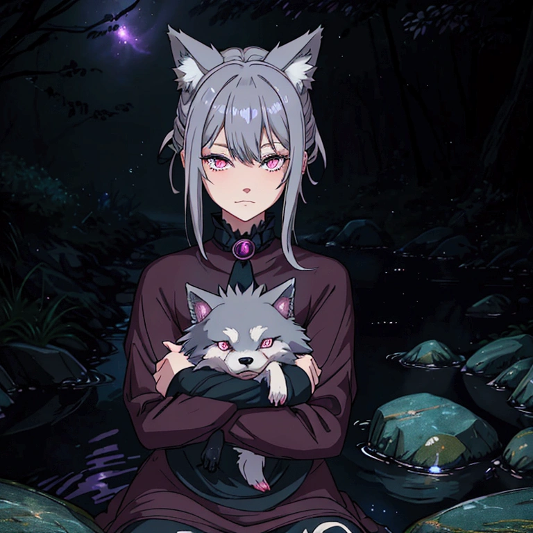 -High quality- -masterpiece- -animated- A woman with gray hair, dark clothes, bright pink eyes, serious expression. an anthropomorphic wolf near her, sitting curled up on a rock in a stream in the middle of the night with fireflies around him at night.
