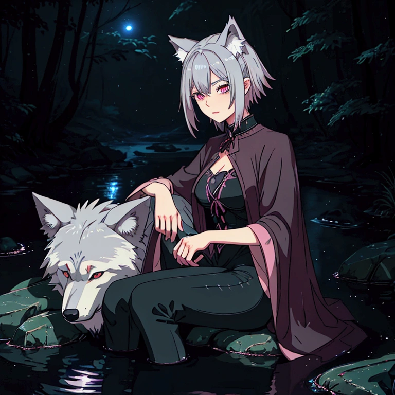 -High quality- -masterpiece- -animated- A woman with gray hair, dark clothes, bright pink eyes, serious expression. an anthropomorphic wolf near her, sitting curled up on a rock in a stream in the middle of the night with fireflies around him at night.
