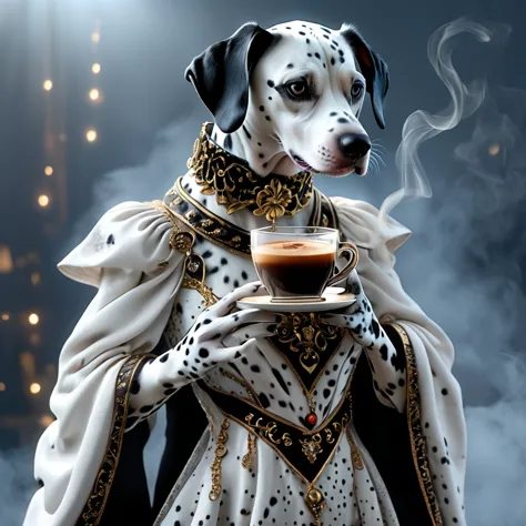 dalmatian dog with big penis extreaml;y detailed, high quality, like a movie, standing, drinking coffee, wearing dress, dalmatia...