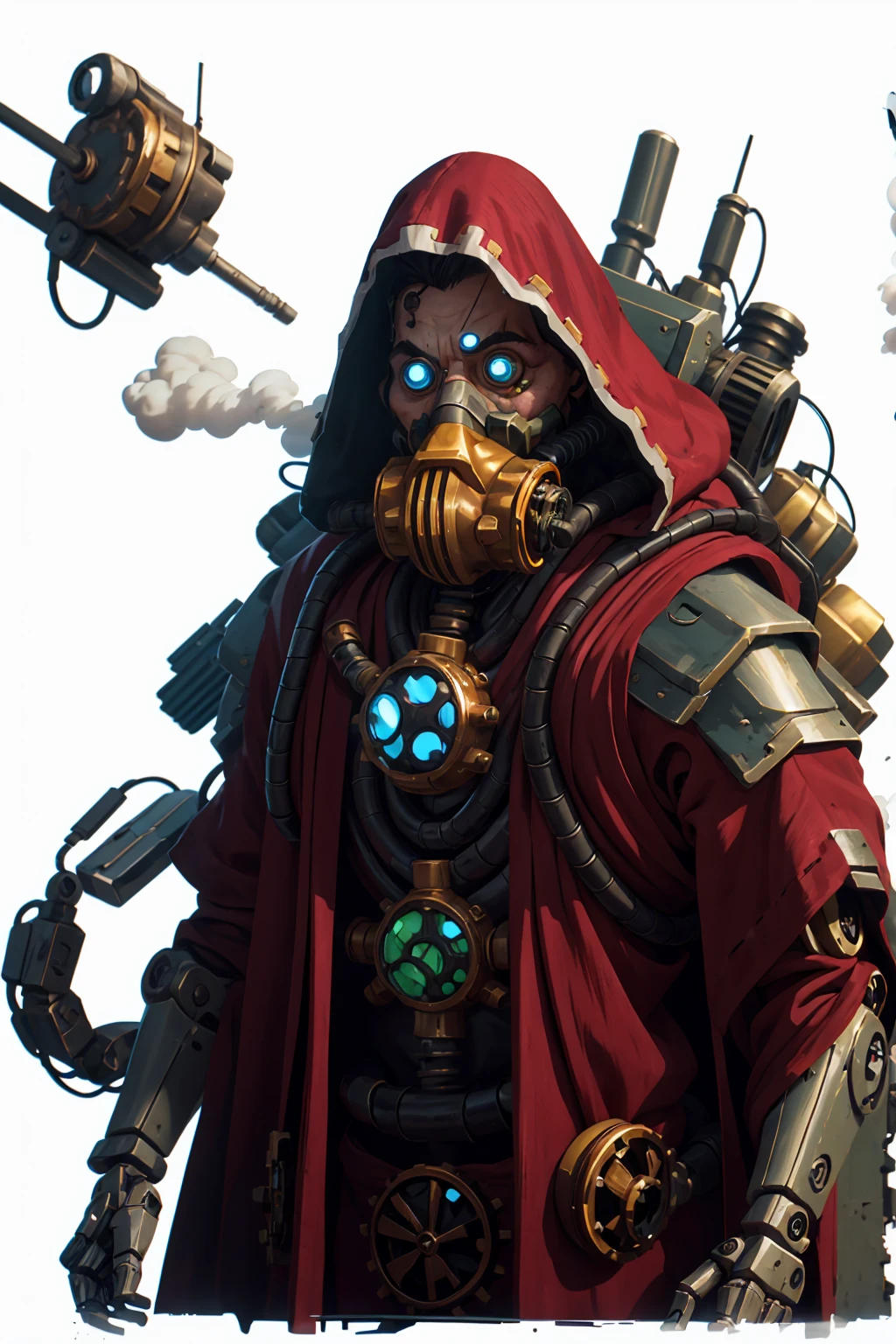 robotic male techpriest in long red robe, gas mask, mutated, scared, hunchback, artificial body, hunched, ugly, metal arms, robot eye, hood, backpack, mechanical arms, steampunk, hood, robe, techpriest, (upper body portrait), plain white background