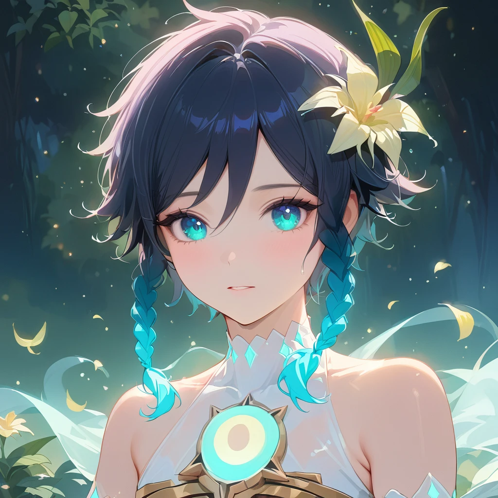 (best quality,4k,8k,highres,masterpiece:1.2),1boy,venti,genshin impact,black hair,ultra-detailed,(realistic:0.25),wearing white,bare shoulders,bare stomach,night spring,moon reflection,intricate details,delicate,pastel color palette,elegant curves,effects of light and shadow,subtle reflections,face focus,sharp focus,flower petals falling,ethereal atmosphere,elysium,morning dew,soft starlight filtering through trees,lush plant life,vividly colored blossoms,harmonious blend of nature and art,transcendent beauty,awe-inspiring artwork,flat chest,navy gradient hair in twin braids,dynamic pose,glowing hair, glowing eyes,glowing chest tattoo