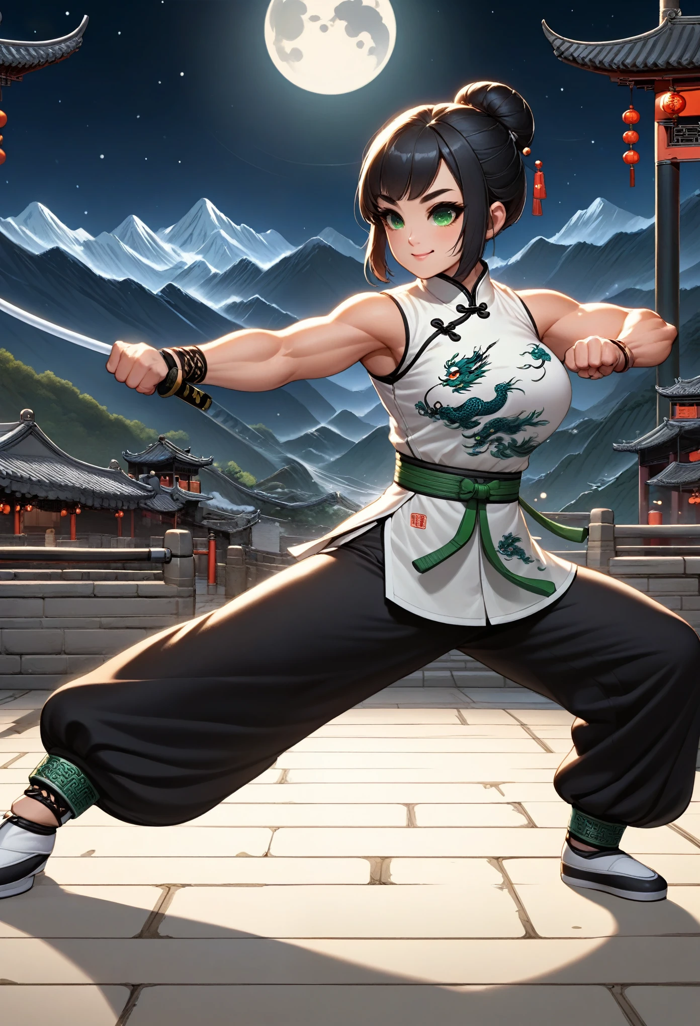 Ultra Quality, Extremely Detailed, High Resolution, Woman, (1girl), medium shot, Chinese Woman, serious eyes, smiling, night, Chinese Dojo in mountains, Kung Fu Fighter, short hair, black hair, white detailed high neck sleeveless shirt, steel bracelets, black detailed kung fu pants, green kung-fu belt, fighting aura, athletic body, bulky muscles, biceps, kung fu, green eyes, fighting stance