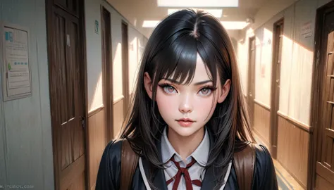 highest quality, 8k, realistic, a slim  with long black hair and a school uniform stands nervously in the bright hallway of her ...