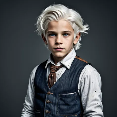 create an image of a white-haired child, she has to be a man in shabby clothes