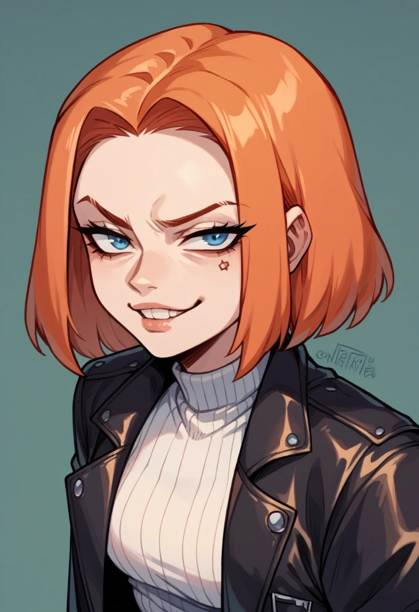 Anime russian Female hacker, trans girl, greedy and arrogant, smug face sexy hacker, dark leather coat, ginger hair, blue eyes