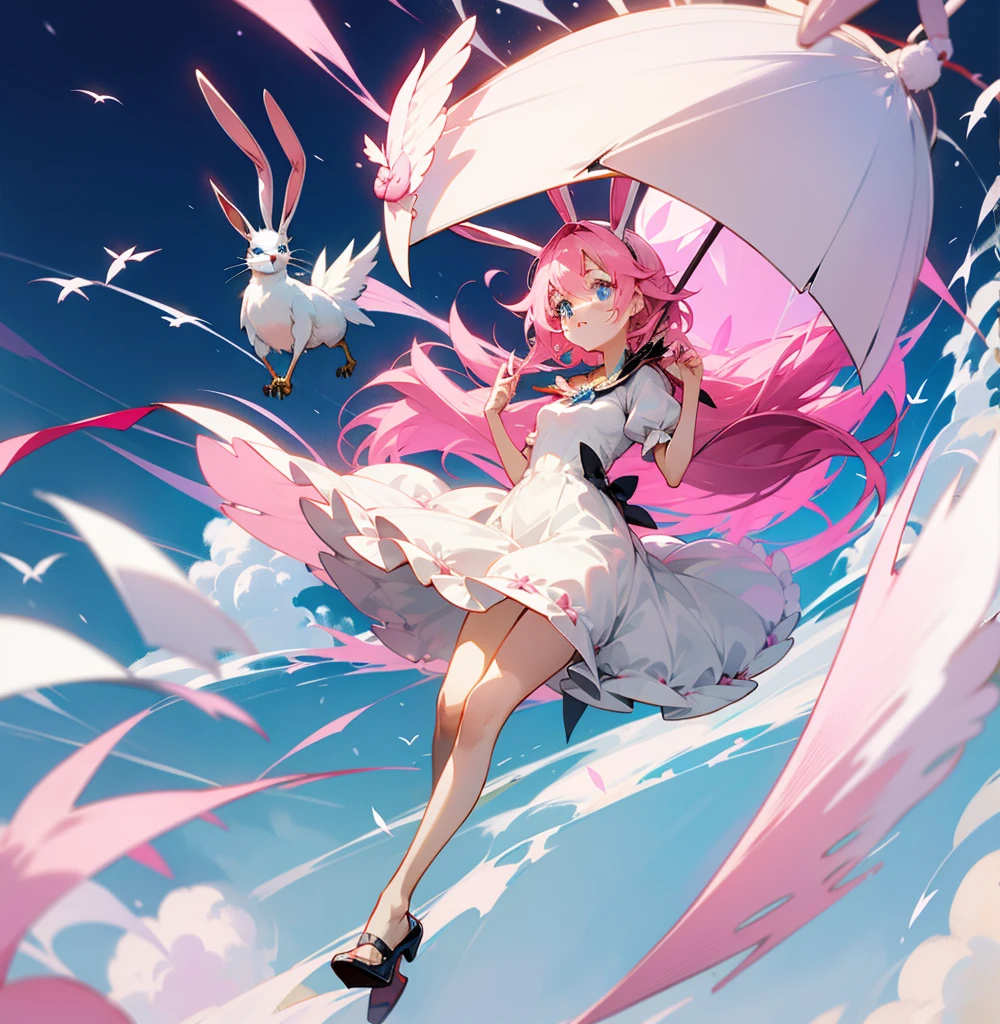 Pink paper bird,  There is also an umbrella.，This white slip dress is gorgeous and well designed.，Full body view，pink hair，blue eyes，luxurious headdress，Rabbit components，Elements of Angels。