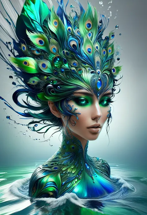 photographed by pouring ink containing metallic elements into water
an exotic woman with deep blue eyes, green emeralds, stunnin...