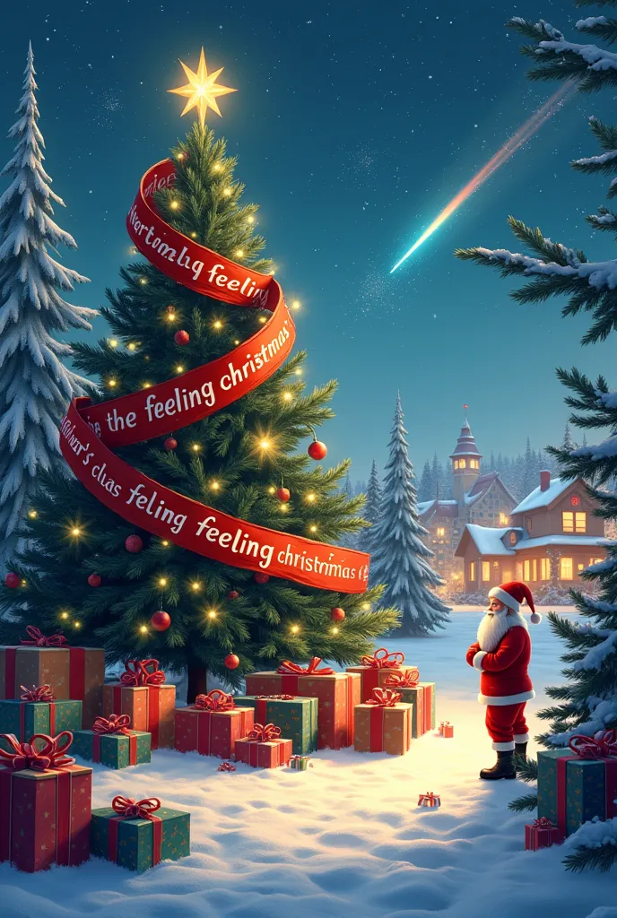 Create independent high resolution Christmas images that include a tree, Reno, gifts, Santa Claus, Shooting Star,  in a measurement of 20cm x 30cm with a red ribbon with the phrase FEELING CHRISTMAS