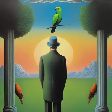 yfg-magritte, a cover art, places a wide view of the field at sunset where on the right conner a persian man is seen toward the ...