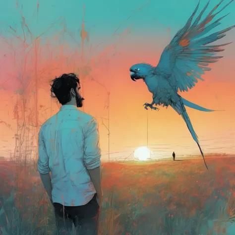 a cover art, the field at sunset where a persian man is seen toward a parrot is looking, lineart| vibrant| comprehensive cinemat...