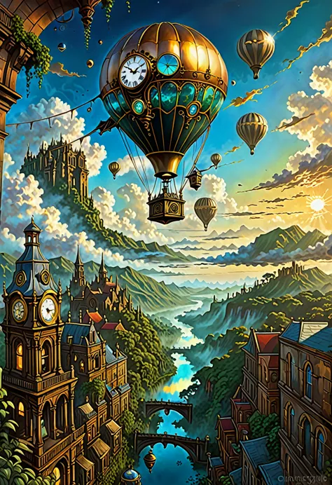 cosmicstyle (hot air balloon, steampunk design, floating above, victorian city, gears, steam, brass, copper, clockworks, ruins, ...