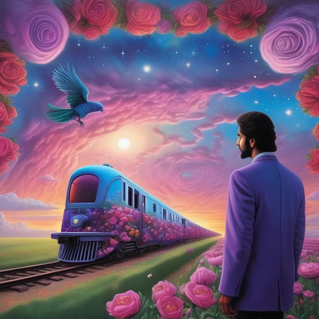 Hyperrealistic train detailed with blooming flowers, ea cover art, the field at sunset where a Persian man is seen toward a parrot is looking,, vast sky with swirling galaxies, cosmic colors (purples, blues, pinks), dramatic lighting, mystical atmosphere