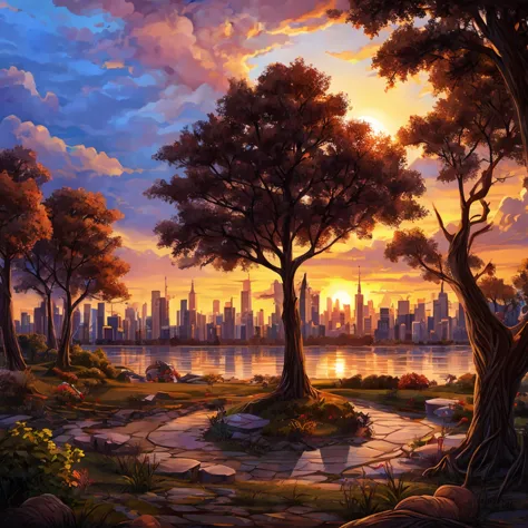 a tree with roots with a cocoon in the center, in front a city and sunset