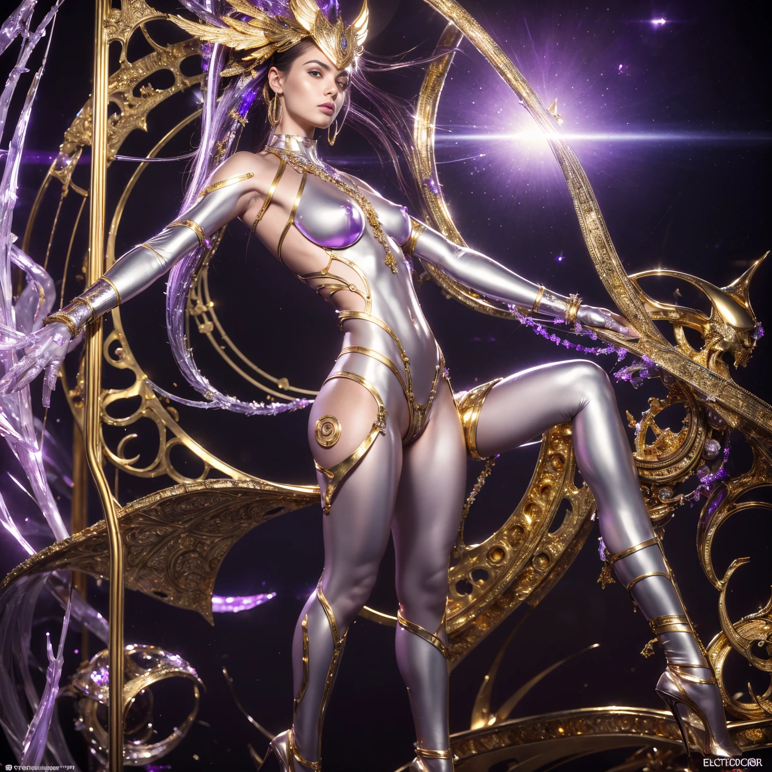 Nude goddess Athena, Nude body, perfect breasts, thin waist, round hips, Full body, Silver Gold Purple Heels in Feet, Epic composition, Silver Gold Purple White Lights, inspired by Automata's elaborate design and luxurious Art Deco aesthetic, transparent Nude body, brilliant _eyes, (dynamic pose) , glowing transparent Nude body, ((Silver Gold Purple mechanical gear parts in the body)), ((ultra realistic details)), ((photo Epic composition, Silver Gold Purple Lights, photo, photography, Nude transparent skin made of clear glass and crystal)) , photography, extreme details, highly detailed, 8k, intricate, elegant, fantasy, cinematic lighting, whimsical, fractal art, (shiny skin), iridescent body, many lights in the body, electronic lights, Silver Gold Purple mirror Reflection imagery and ultra-detailed 8K resolution rendering to capture fine details and reflective surfaces of clear glass, crystal and metal, 1 Nude mechanical woman, wires and cables connecting to head, fantasy, photographic, realism pushed to extreme, fine texture, photo realistic, Fuji film XT3, Ultra Realistic, trending on cg society, High quality, Highly detailed, trending on art station, intricate detailed background