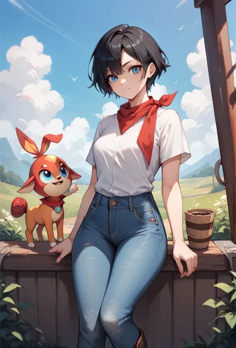 original style, videl, short hair, blue eyes, black hair, white short-sleeved shirt, jeans, red kerchief around the neck, cowboy...