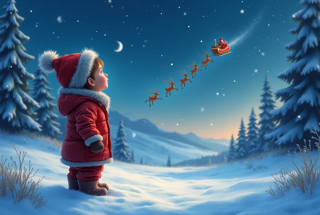 Magical Christmas Eve: A serene winter landscape featuring a small child looking up at the starry sky, with a trail of flying reindeer and Santa’s sleigh in the distance, snow blanketing the ground.