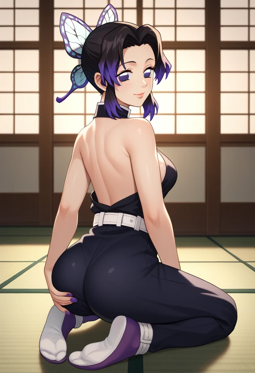 score_9,score_8_up,score_7_up,score_6_up,score_5_up,score_4_up BREAK skinny, medium breasts, shiny skin,bokeh,bloom, indoors,light particles, dojo bedroom,1girl, ((clear eyes)), Shinobu, (((dark tied hair))), purple eyes, medium lips, purple nails, pink lips, mature female, ((perfect model body)), ((demon slayer uniform, white belt,)), wide hips, seductive look, kneeling, naughty smile, pumped up ass, looking back, grabbing ass, 