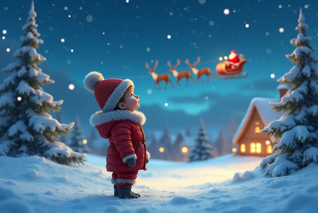 Magical Christmas Eve: A serene winter landscape featuring a small child looking up at the starry sky, with a trail of flying reindeer and Santa’s sleigh in the distance, snow blanketing the ground.