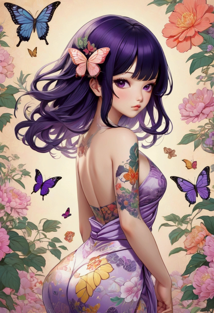 A mesmerizing surreal illustration of a young japanese woman resembling Shinobu Kouchou. She has black hair, purple eyes, a butterfly hair ornament, and wears a vibrant pastel colored outfit adorned with intricate floral patterns. She has a smooth, warm complexion, and bold, colorful tattoos cover her arms and legs. The tattoos feature traditional Japanese motifs like flowers and mythical creatures, rendered with meticulous detail in a pastel color palette. The background is a vintage floral-patterned wallpaper that complements the artwork's colors. The line work is precise, with delicate shading that gives the illustration a 3D quality. The artwork fuses modern illustration techniques with traditional Japanese aesthetics, resulting in a visually striking, portrait, Shinobu_Kocho, butterfly_hairpiece, multicolored_hair, purple_hair, black_hair, big breasts, slender, arms behind back, white panties, cleavage, 
