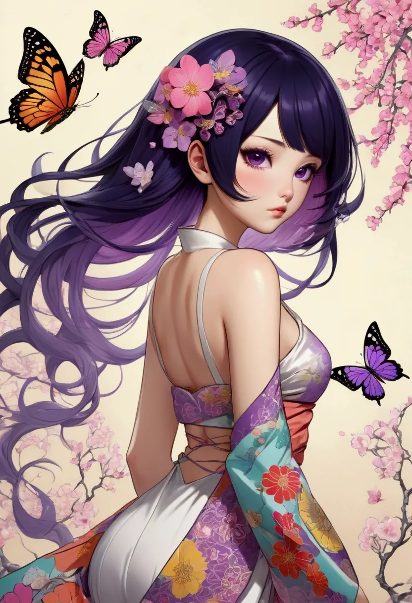 a mesmerizing surreal illustration of a young japanese woman resembling shinobu kouchou. she has black hair, purple eyes, a butt...