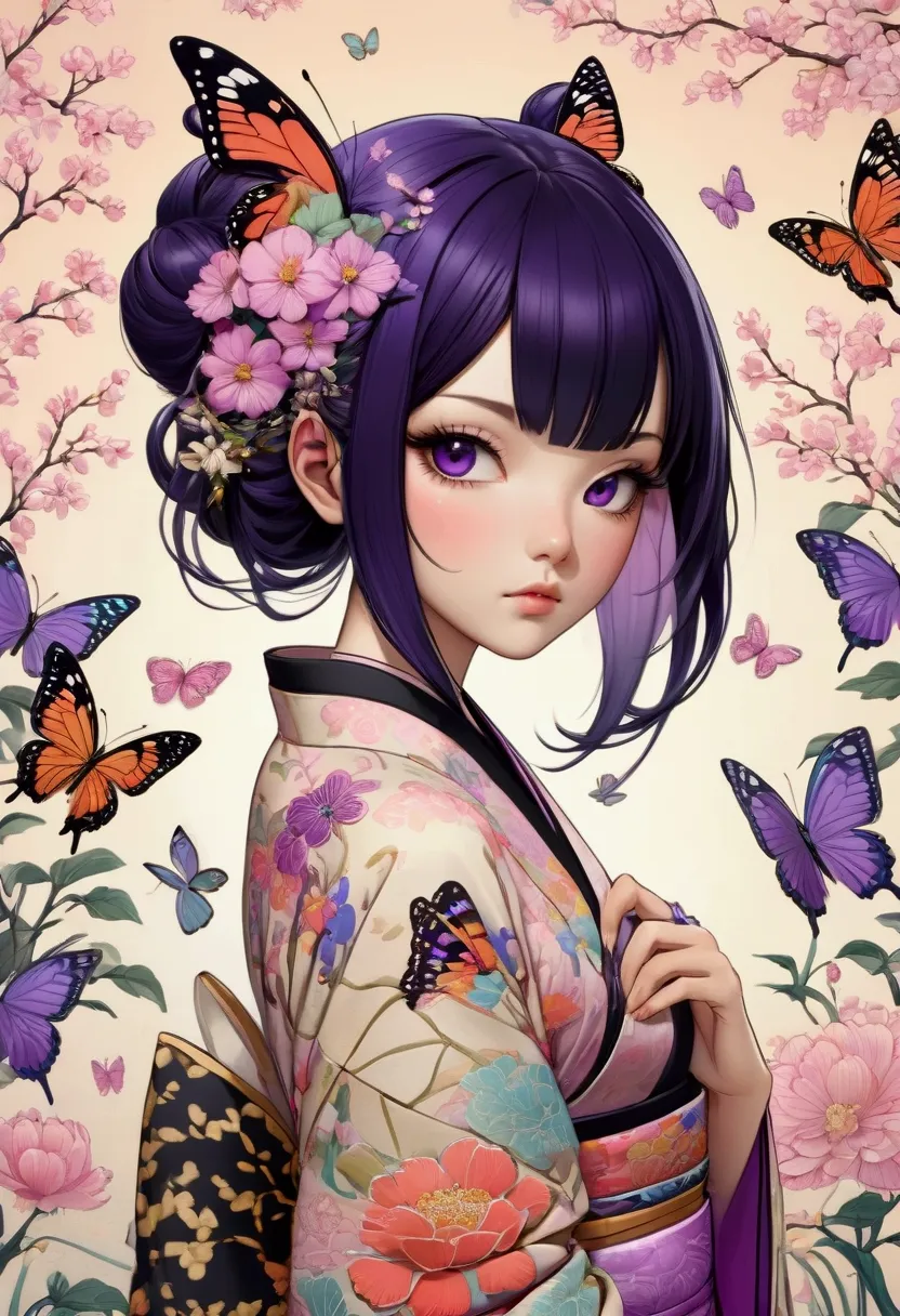 a mesmerizing surreal illustration of a young japanese woman resembling shinobu kouchou. she has black hair, purple eyes, a butt...