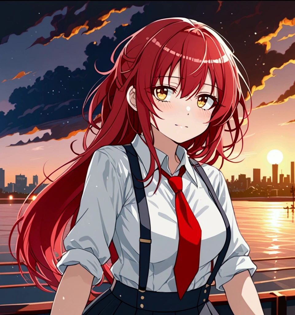 there is a red-haired girl with long, wavy hair. She has golden eyes and wears a white shirt with a red tie and black suspenders 