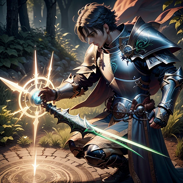 (1 warrior) A male knight with a green aura around with a magic circle in the ground