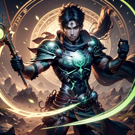 (1 warrior) a male warrior with a green aura around with a green magic circle in the ground revitalizing