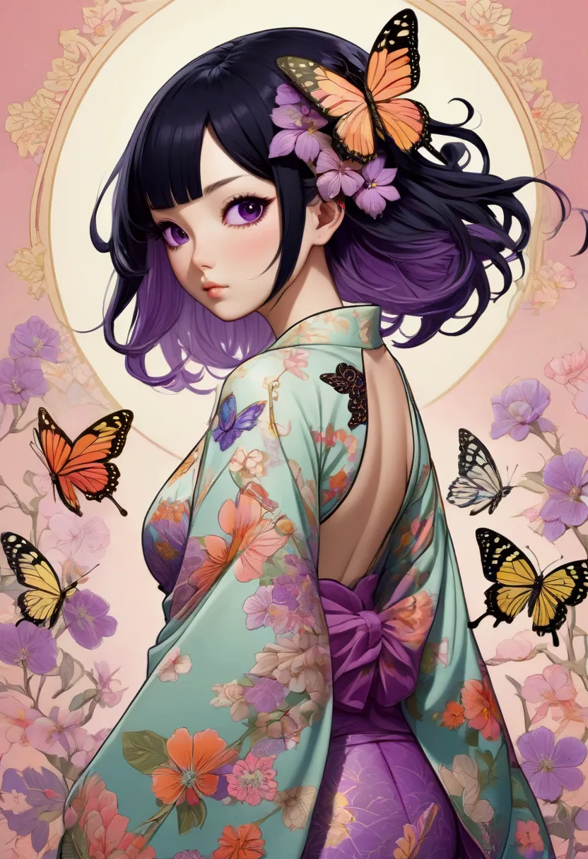 a mesmerizing surreal illustration of a young japanese woman resembling shinobu kouchou. she has black hair, purple eyes, a butt...