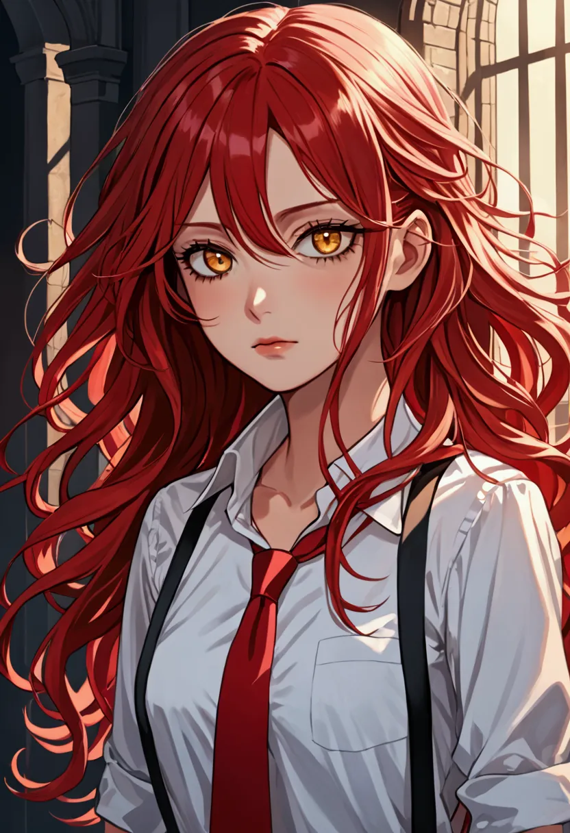 there is a red-haired girl with long, wavy hair. she has golden eyes and wears a white shirt with a red tie and black suspenders...