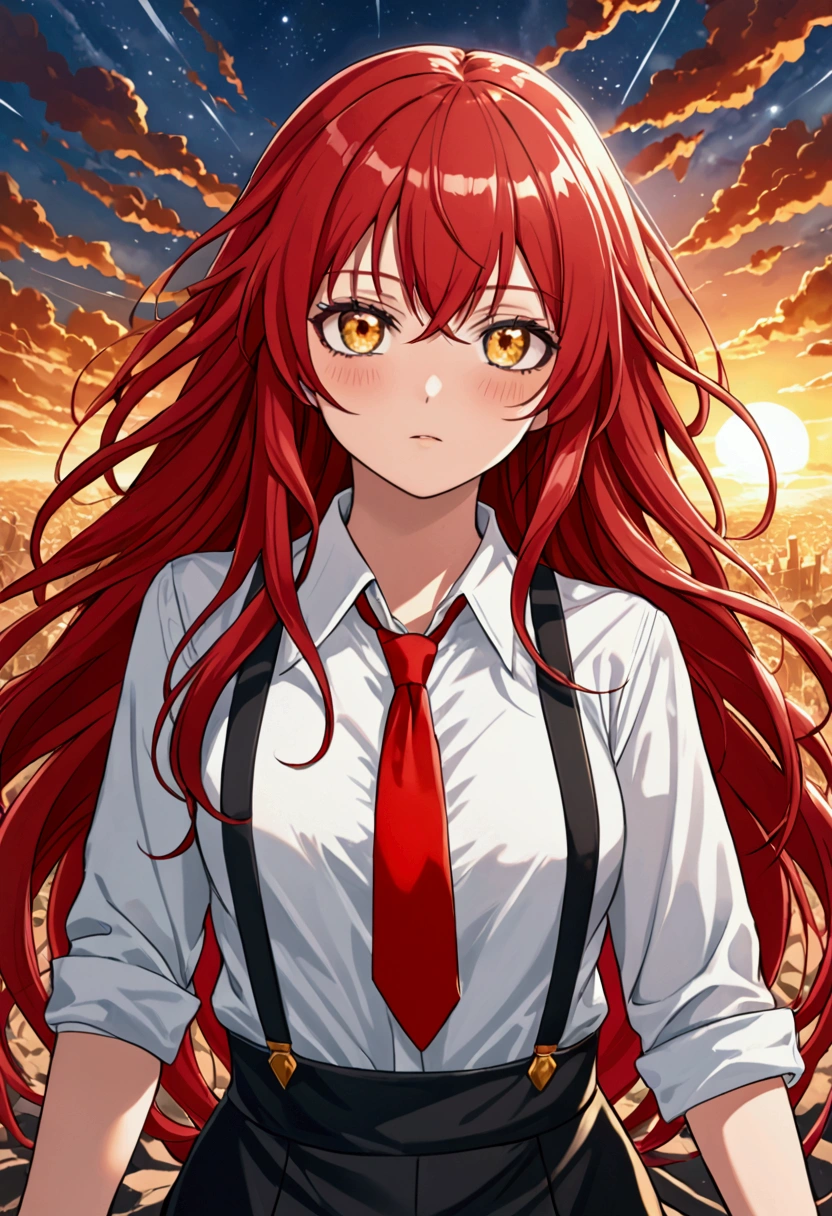 there is a red-haired girl with long, wavy hair. She has golden eyes and wears a white shirt with a red tie and black suspenders, she is a hero inthe My hero akabemia univers, she is in the battle 