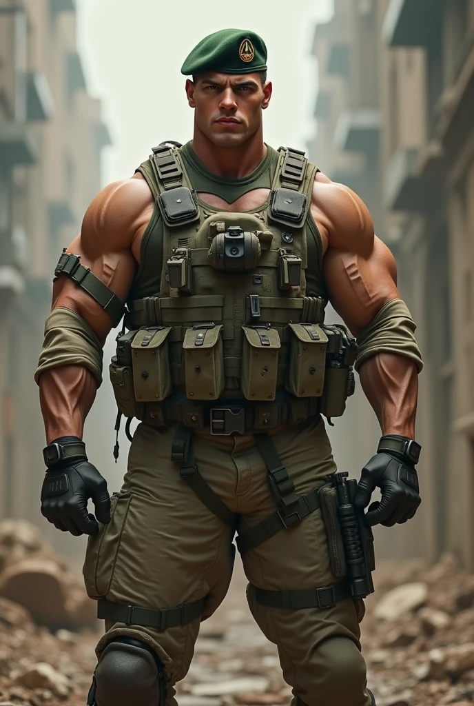 A very handsome big muscular man wearing a soldier combar uniform, with tactical gloves and spec ops green beret, rolled up sleeves, showing biceps, background a battlefield