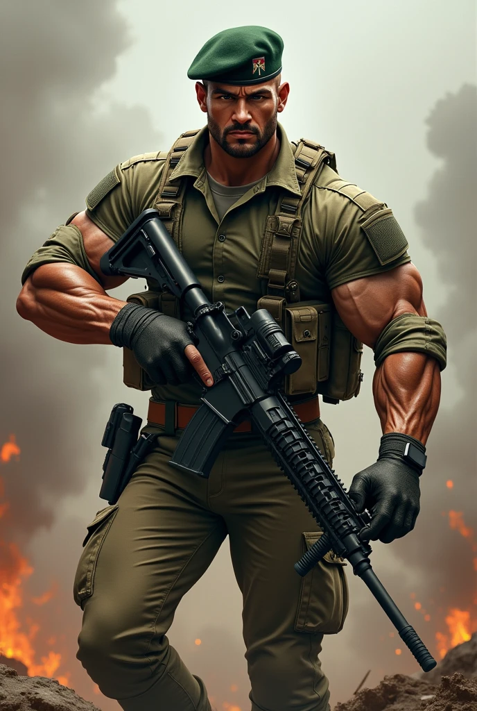 A very handsome big muscular man wearing a soldier combar uniform, with tactical gloves and spec ops green beret, rolled up sleeves, showing biceps, background a battlefield