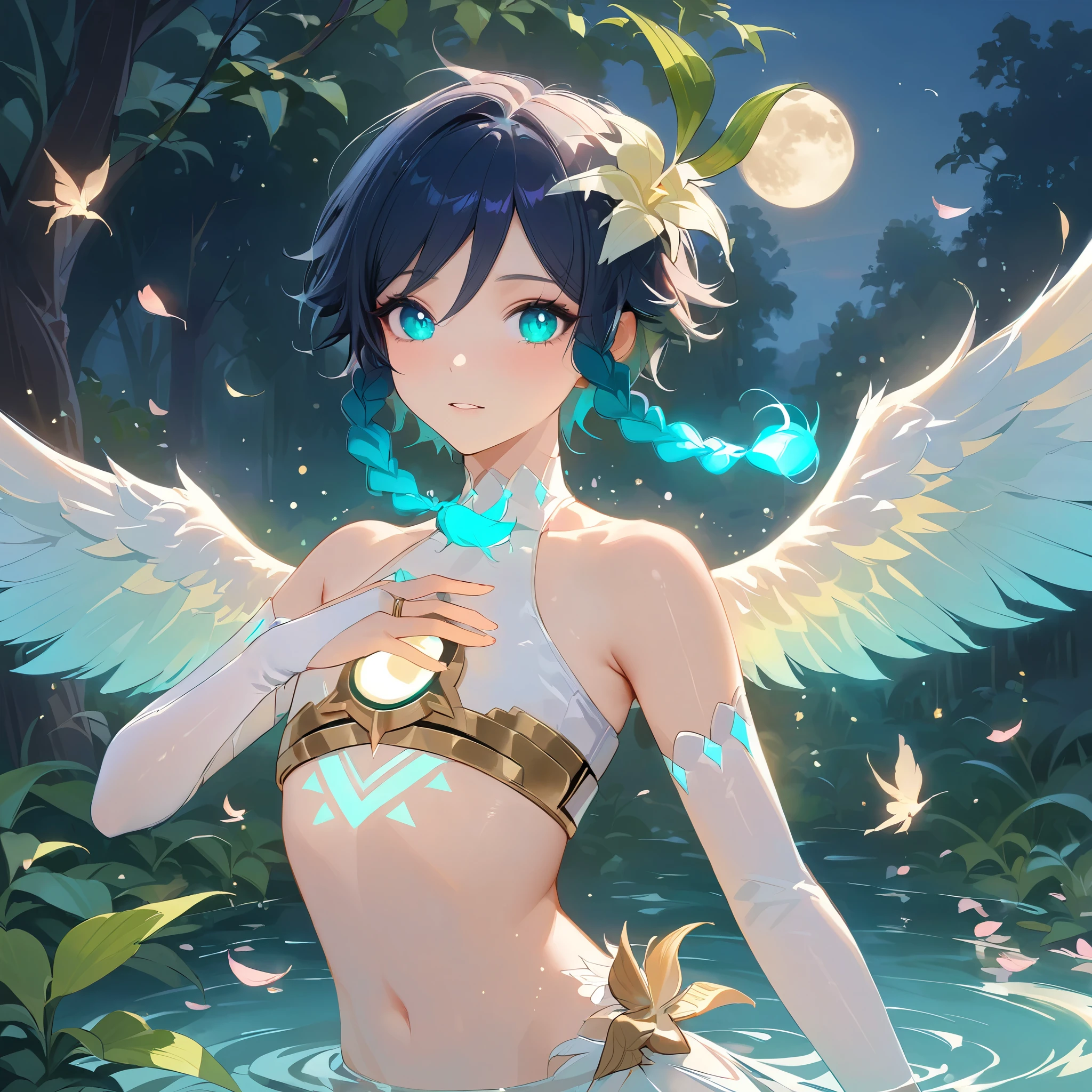 (best quality,4k,8k,highres,masterpiece:1.2),1boy,venti,genshin impact,ultra-detailed,(realistic:0.25),wearing white,bare shoulders,bare stomach,bridal gauntlets,fluffy white feathered_wings,night,moon reflection,intricate details,delicate,pastel color palette,elegant curves,effects of light and shadow,subtle reflections,face focus,sharp focus,flower petals falling,ethereal atmosphere,elysium,morning dew,soft starlight filtering through trees,lush plant life,cool toned colored blossoms,harmonious blend of nature and art,transcendent beauty,awe-inspiring artwork,flat chest,navy gradient hair in twin braids,dynamic pose,glowing hair, glowing eyes,glowing chest tattoo