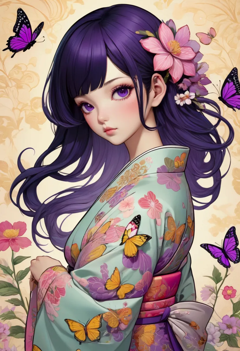 a mesmerizing surreal illustration of a young japanese woman resembling shinobu kouchou. she has black hair, purple eyes, a butt...