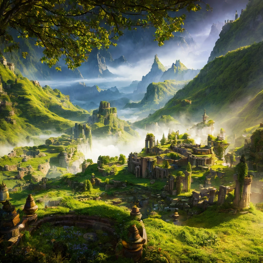 wide angle, panoramic view, a detailed fantasy landscape, enchanted forests, majestic mountains, inspired by tolkien, in the style of john howe, ruins, ruined fortress, best quality, 4k, 8k, highres, masterpiece:1.2, ultra-detailed, realistic, photorealistic, photo-realistic:1.37, hdr, uhd, studio lighting, ultra-fine painting, sharp focus, physically-based rendering, extreme detail description, professional, vivid colors, bokeh, cinematic